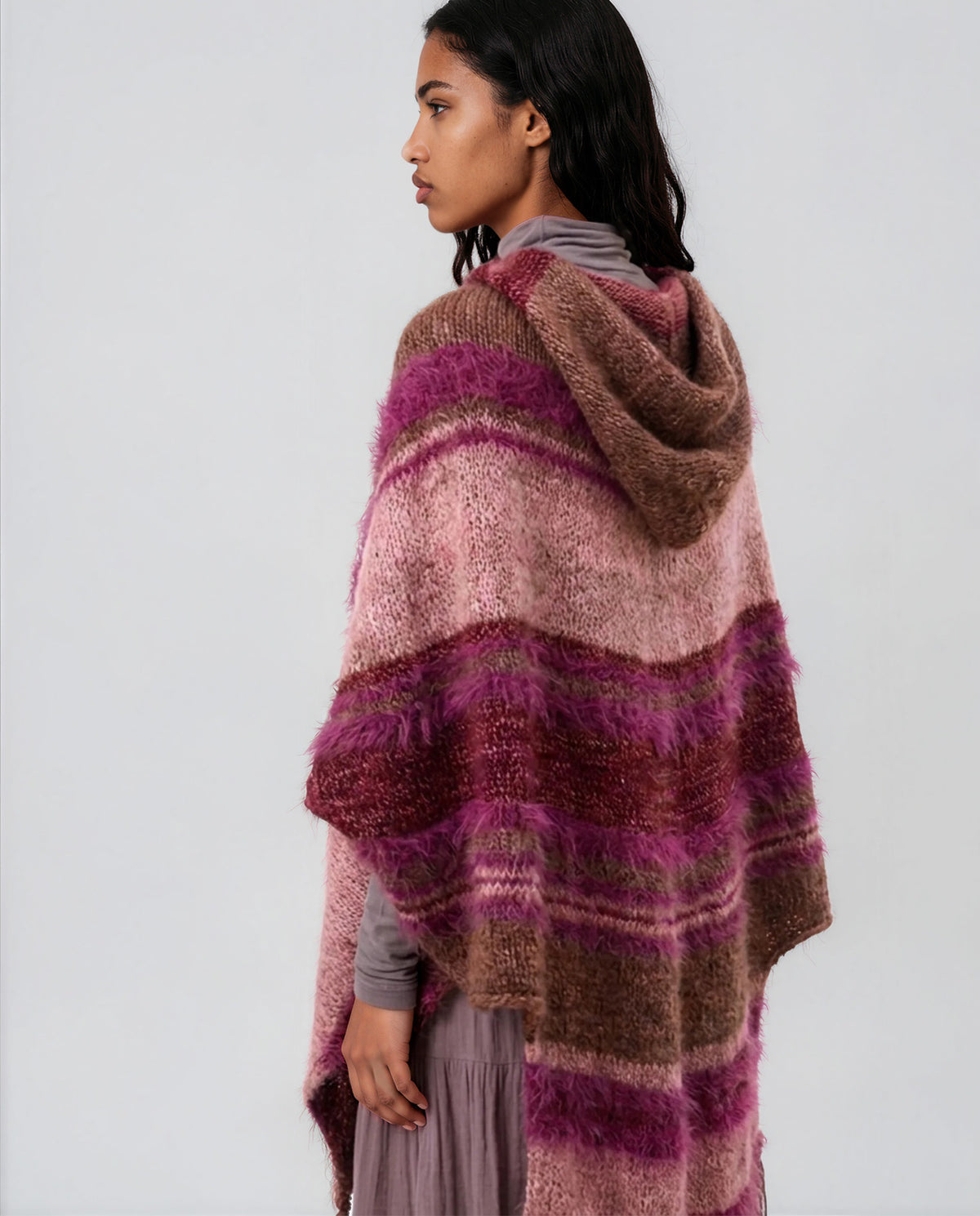 Puzzle Hand-Knitted Hooded Poncho · Pomegranate