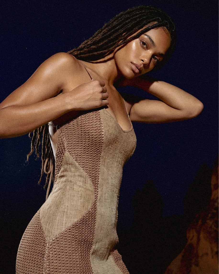 Bohemian Brown Goddess Dress • Sand Lace-Up Detail Beach Dress