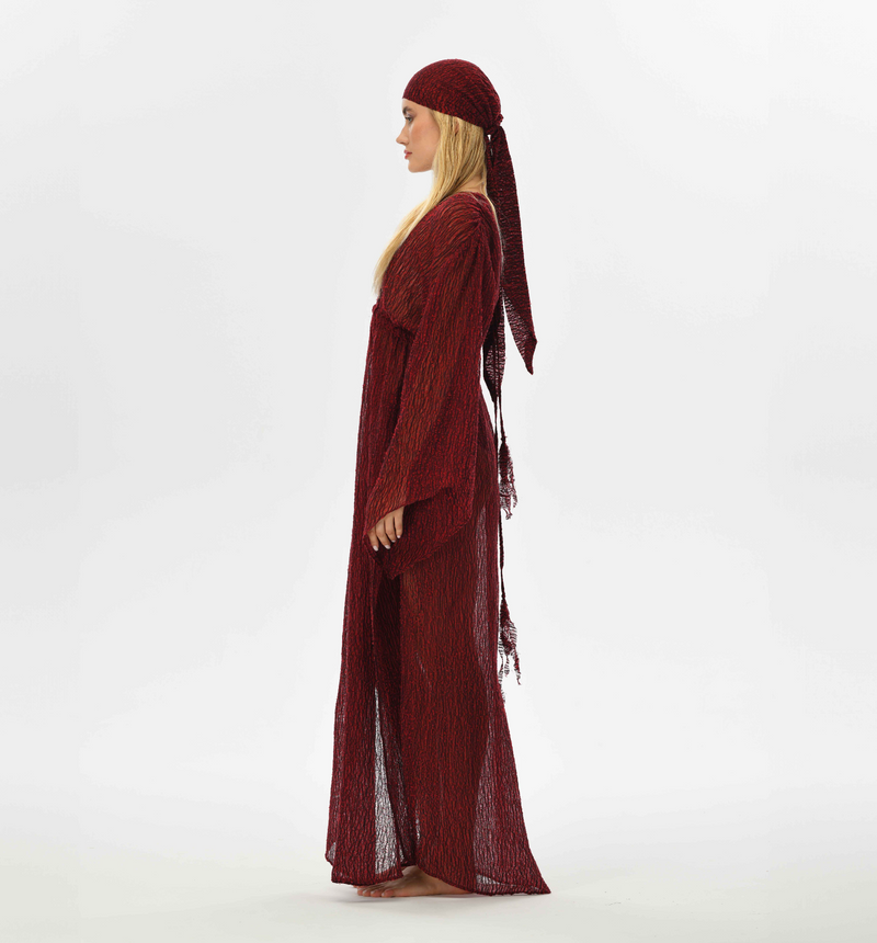 Long red kaftan dress with fairy sleeves and elastic waist. Handwoven Turkish fabric in red and black, see-through and perfect for boho chic styling, fits sizes XS to L.