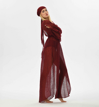 Red fire element kaftan dress, crafted from delicate Turkish fabric. See-through design with fairy sleeves and elastic waist for a more feminine silhouette, ideal for festivals and evening wear.