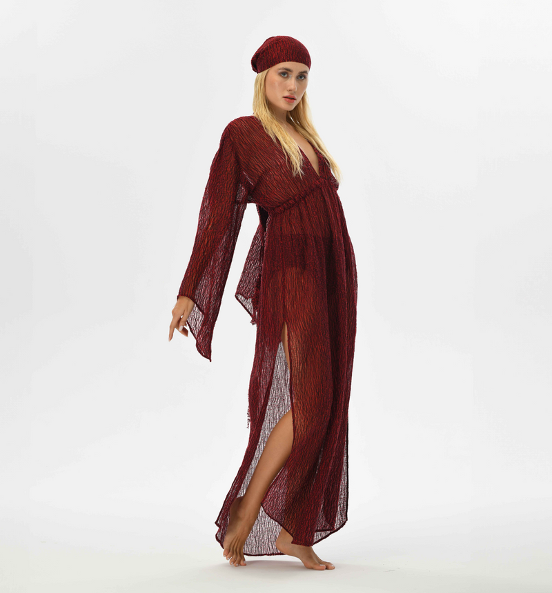 Boho red kaftan dress with flowing fairy sleeves, crafted from delicate handwoven Turkish fabric. See-through design, inspired by the fire element, ideal for goddess-like feminine style