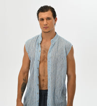 Unisex blue and white Turkish cotton vest, designed with a relaxed fit for sizes XS to L. A perfect boho layering piece for festivals, resort wear, or casual looks, reflecting the water element with its handwoven texture and soft feel.