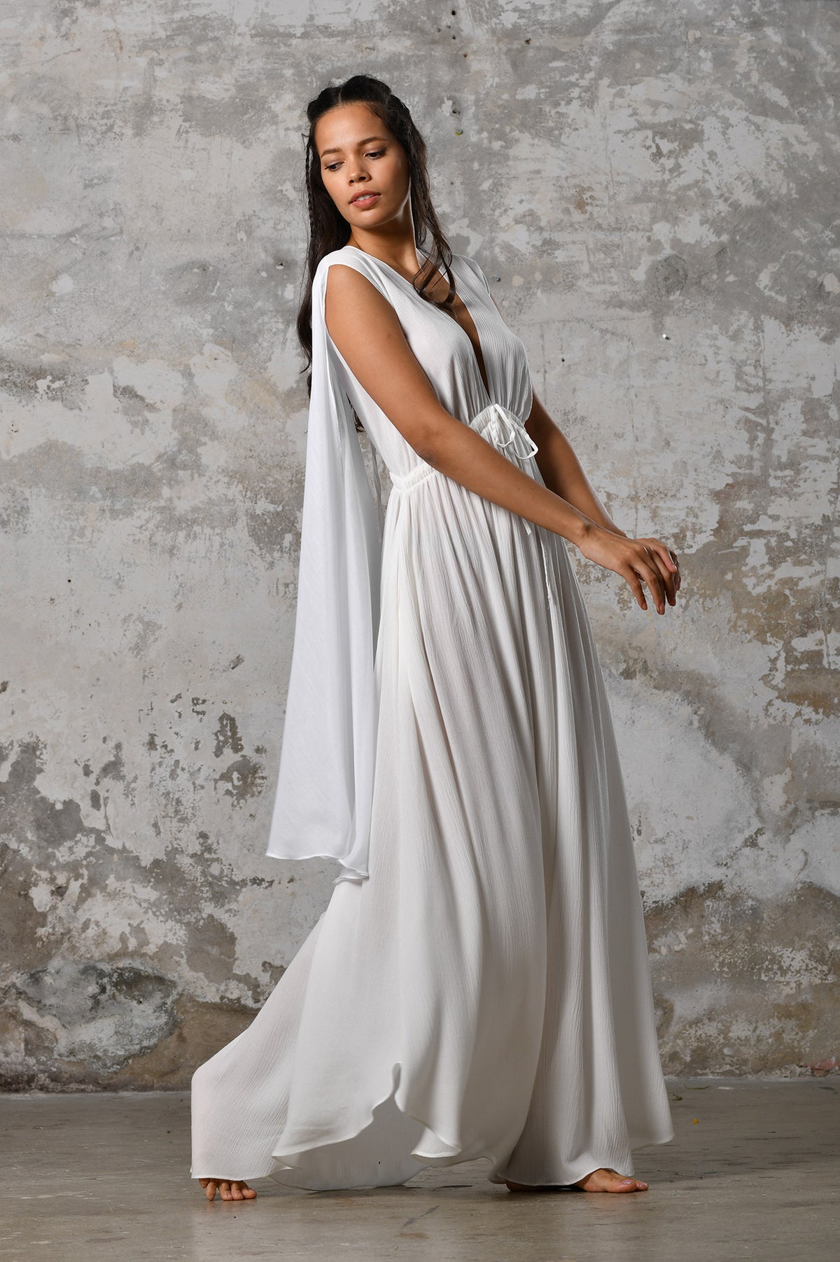 Goddess Bohemian Wedding Dress, a Simple Boho Wedding Dress with an Open Back Maxi design reminiscent of a Greek Goddess. This Elegant Dress is perfect for a Boho Fairy Tale wedding.