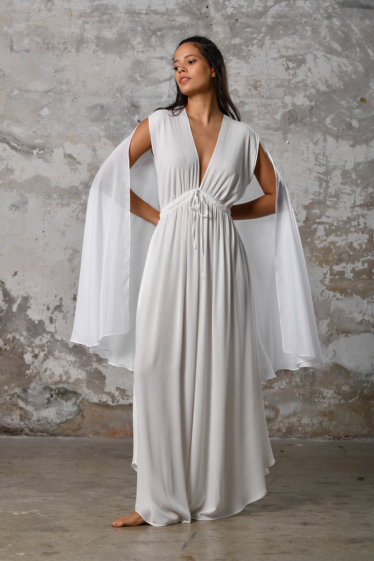 Goddess Bohemian Wedding Dress, a Simple Boho Wedding Dress with an Open Back Maxi design reminiscent of a Greek Goddess. This Elegant Dress is perfect for a Boho Fairy Tale wedding.