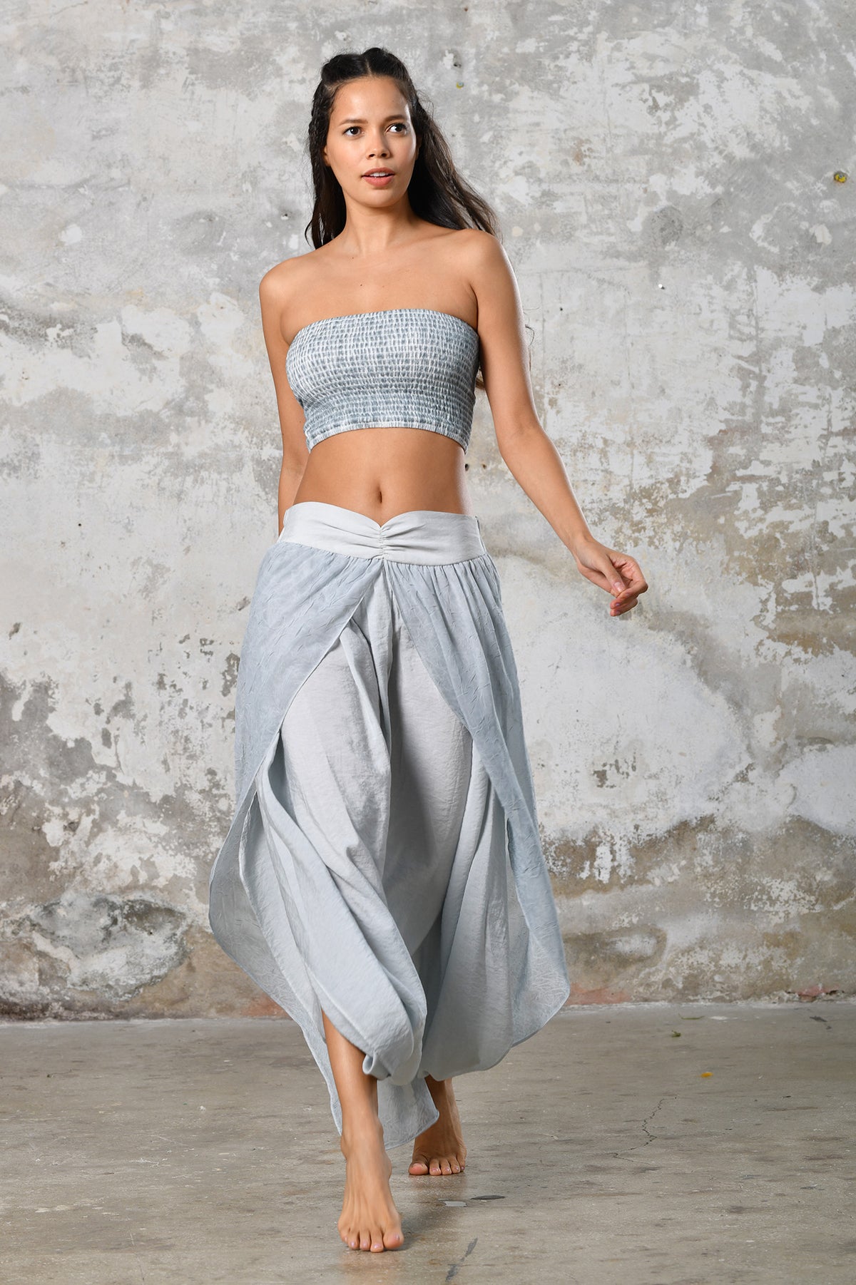 Step into timeless baby blue boho chic with our Boho high split skirt trousers. Crafted from organic materials, this sexy summer boho yoga pants , eco-conscious fashion for the modern goddess.