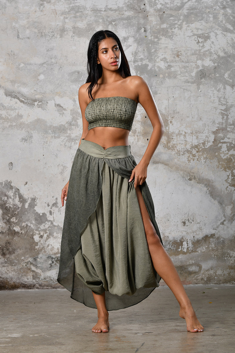 Step into timeless boho chic with our Green Boho high split skirt baby blue trousers. Crafted from organic materials, this sexy summer boho yoga pants , eco-conscious fashion for the modern goddess. 