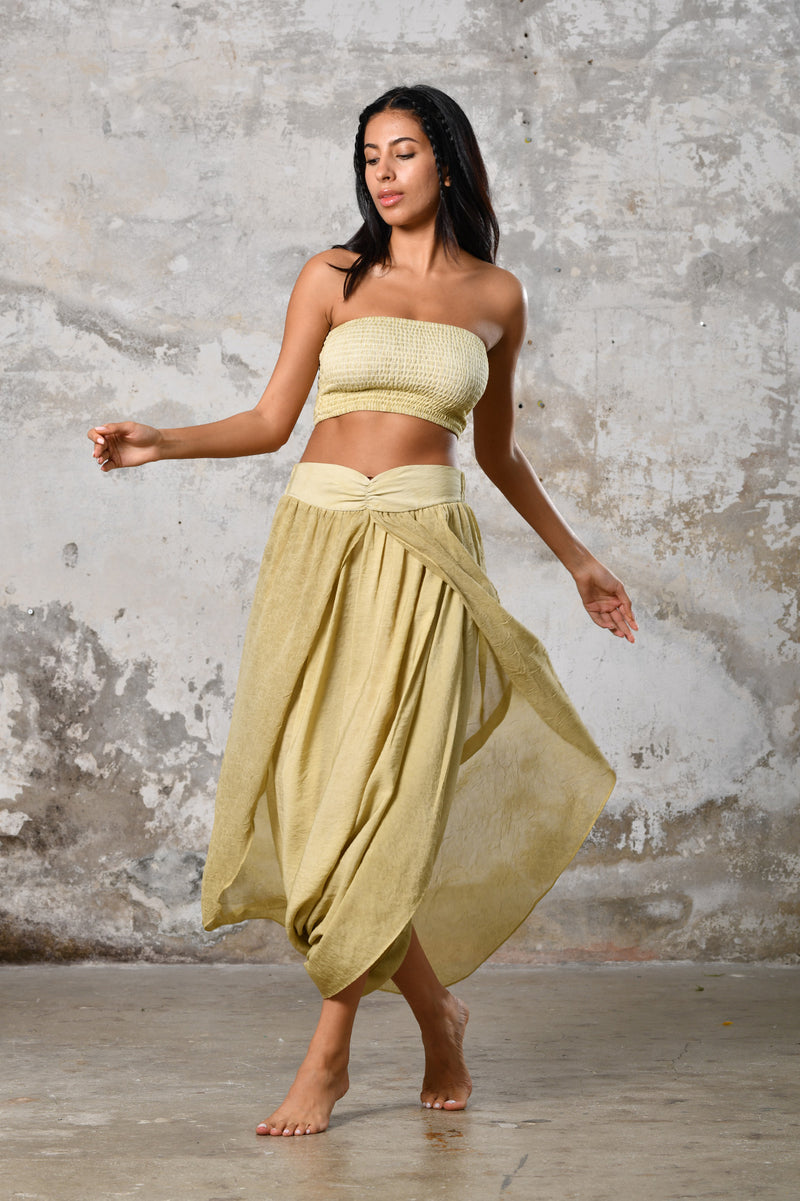 Step into timeless boho chic with our Powder Lemon Boho high split skirt trousers. Crafted from organic materials, this sexy summer boho yoga pants , eco-conscious fashion for the modern goddess.