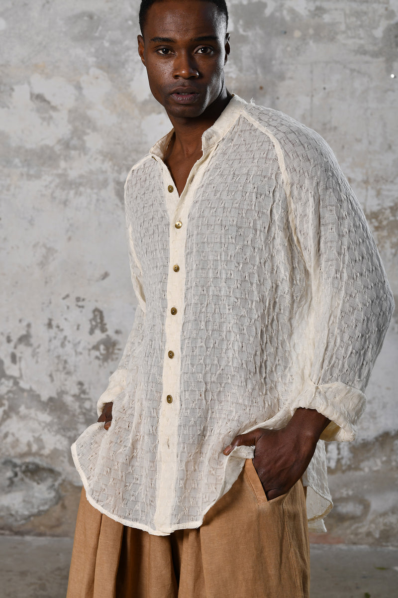 Unique handwoven cotton, raw texture, versatile eco-friendly bohemian shirt, Turkish craftsmanship, perfect for all occasions.