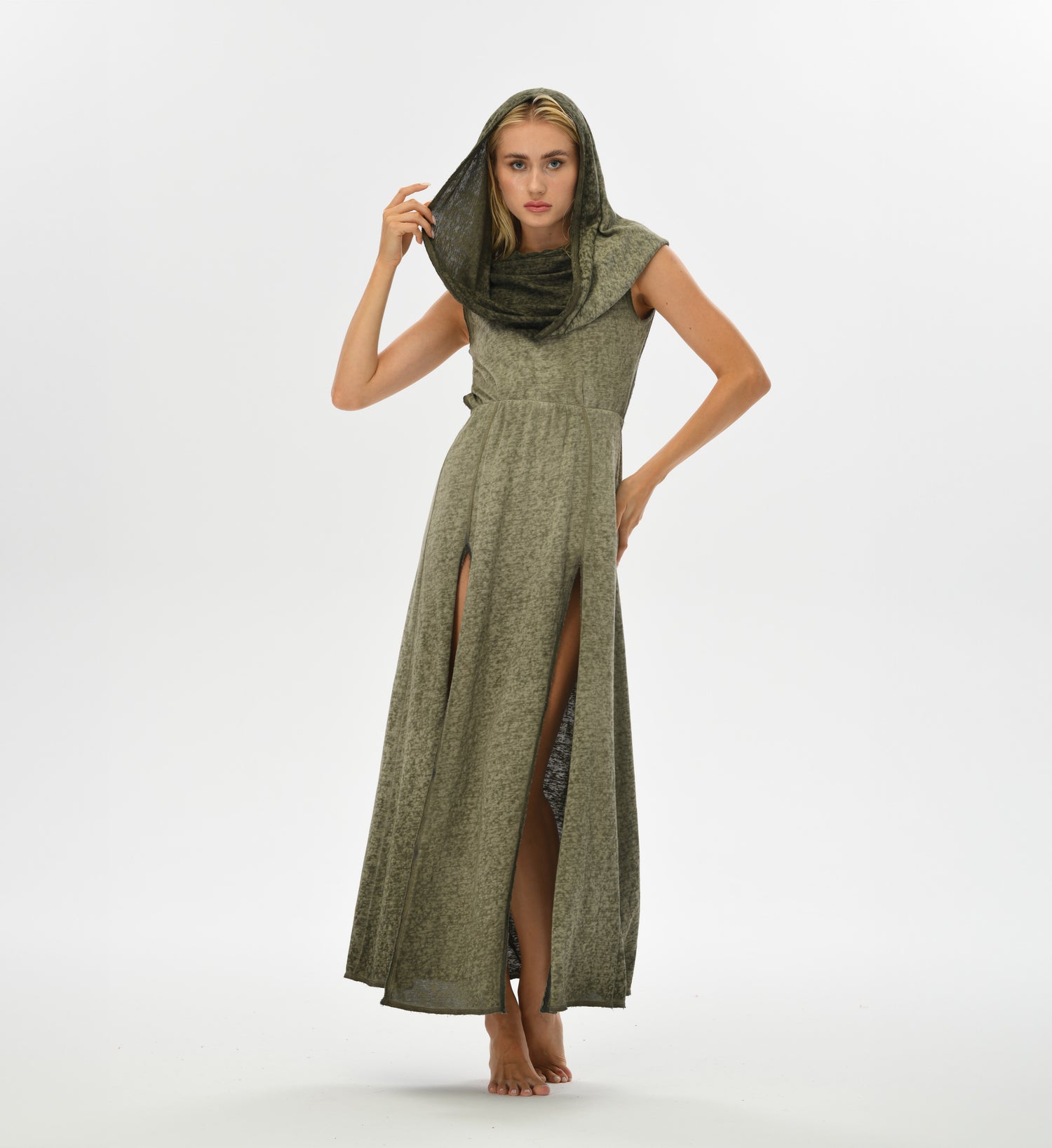 Hand-dyed khaki green boho chic dress with an open back, high side splits, and a versatile hood-to-shawl feature. Made from cotton and linen, perfect for festivals or casual bohemian outfits.