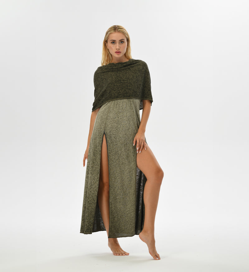 Warrior goddess hooded dress in khaki green with high splits and a shawl-like hood, hand-dyed for a unique look. Made from cotton and linen, perfect for festivals, gatherings, and boho chic outfits.