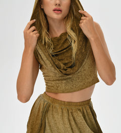 Mythical desert sand hooded top with a warrior-style hood, perfect for boho chic and festival outfits.