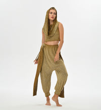 Linen and cotton fairy blouse in desert sand with an oversized hood, ideal for casual or bohemian festival wear.