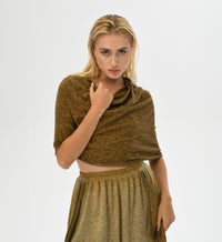 Desert sand boho blouse with an oversized hood that can be worn as a shawl, designed for boho chic styling.