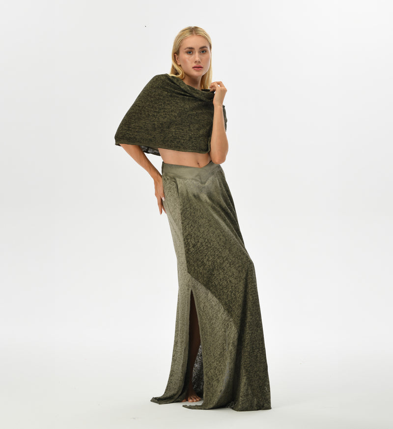 Green boho hooded top crafted from linen and cotton, featuring a warrior-like oversized hood that transforms into a shawl, perfect for casual wear or festivals.