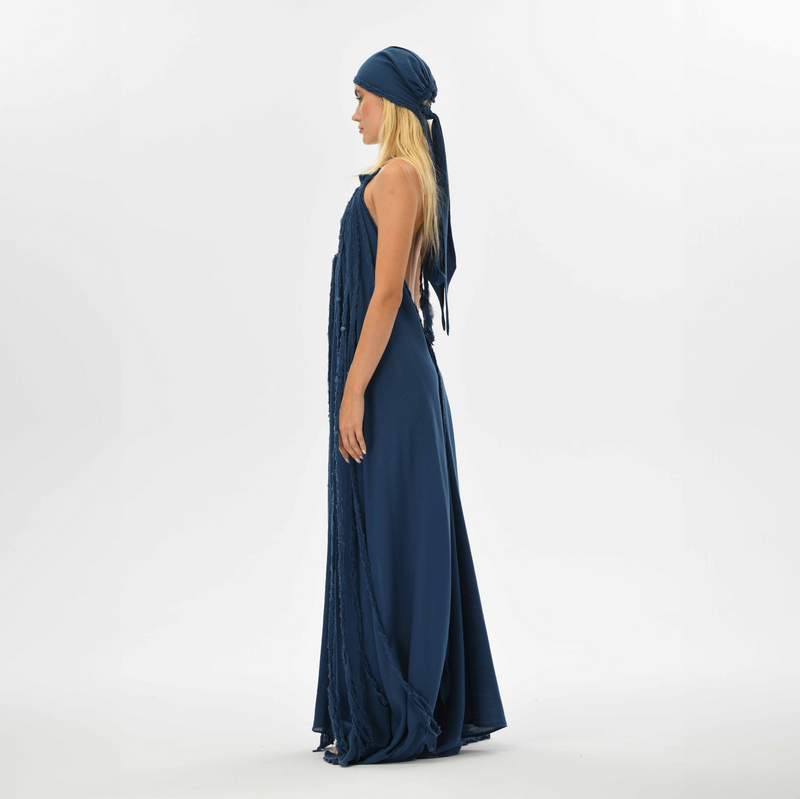 Boho chic navy blue dress with Greek goddess vibes, embellished with hand-braided details. One-size-fits-all, perfect for weddings, festivals, or luxury resort events.