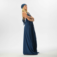 Boho chic navy blue bridesmaid dress with hand-braided embellishments. Flowy design fits sizes XS to XL, ideal for wedding guests or boho chic events, inspired by fire element energy.