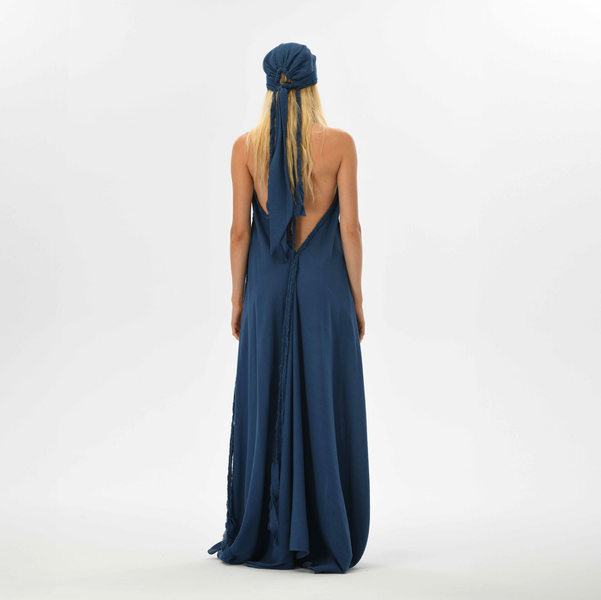 Long navy blue dress with hand-braided embellishments, perfect for boho chic bridesmaids or wedding guests. Fits XS to XL, ideal for boho weddings and festival fashion.