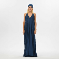 Resort luxury boho dress in navy blue, featuring hand-braided embellishments. A water element-inspired dress perfect for bridesmaids, wedding guests, or gypsy-style festivals.