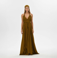 Open-back brown boho dress with hand-braided details and flowy design. Suitable for wedding guests, bridesmaids, or boho festivals. Fits XS to XL.