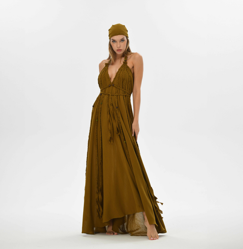 Boho chic brown maxi dress with a relaxed fit, hand-braided details, and open-back style. Ideal for weddings, festivals, and resort vacations.