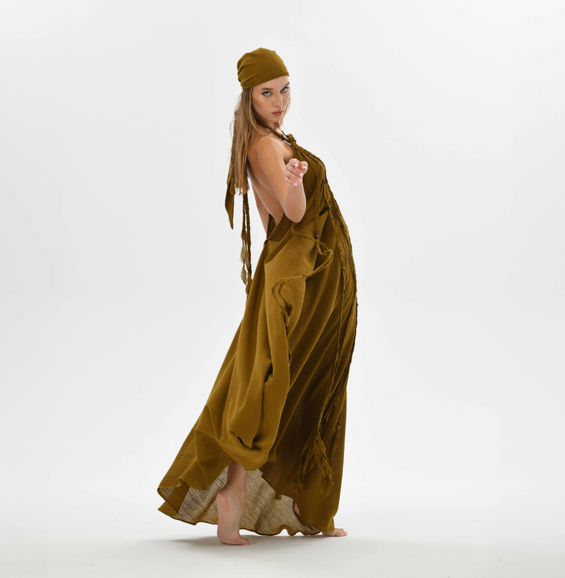 Gypsy-inspired brown boho maxi dress with intricate hand-braided details and a magical cut. Fits all sizes, ideal for festivals, summer weddings, and resort vacations.