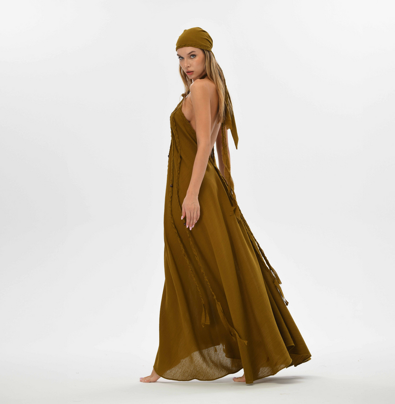 Hippie festival maxi dress in brown, featuring hand-braided embellishments and an open back. Perfect for beach weddings, summer events, or resort wear.