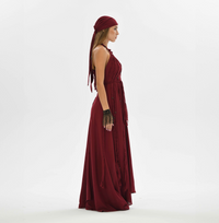 Long red dress with hand-braided embellishments, perfect for boho chic bridesmaids or wedding guests. Fits XS to XL, ideal for boho weddings and festival fashion.