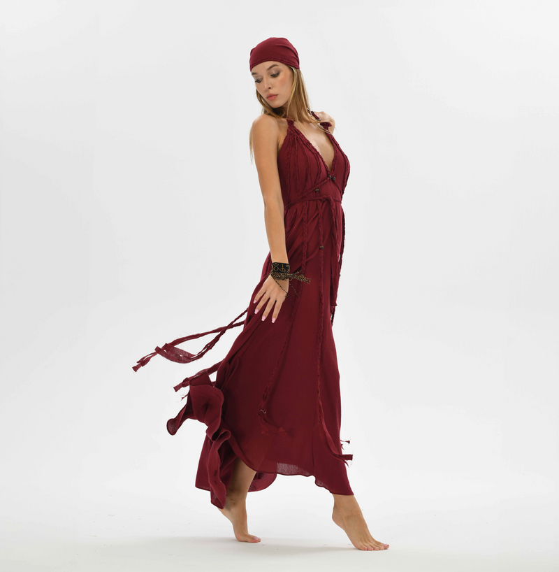 Boho hippie dress in red with intricate hand-braided details. Flowy and magical, this one-size-fits-all dress is perfect for boho weddings, festivals, or Greek goddess vibes.