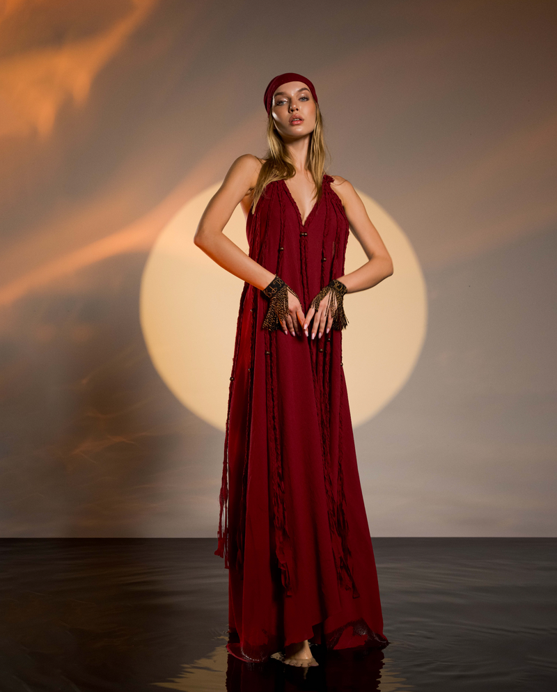 Long red dress with hand-braided embellishments, perfect for boho chic bridesmaids or wedding guests. Fits XS to XL, ideal for boho weddings and festival fashion.