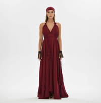 Long red boho dress with hand-braided details, designed to fit all sizes from XS to XL. Perfect for weddings, festivals, or resort wear, embodying boho chic and goddess style.