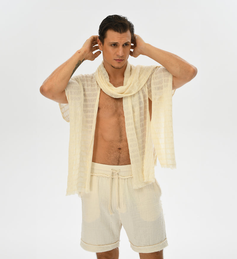 Unisex layered kimono with a shawl that also serves as a hood, made from soft handwoven fabric for summer wear.