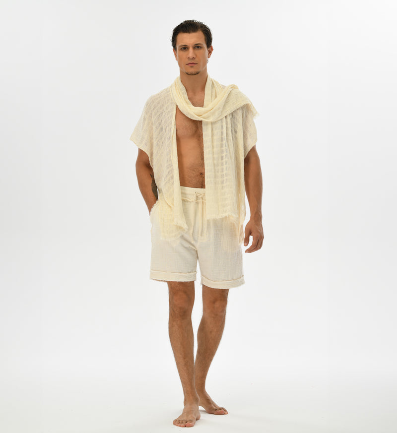 Handwoven fabric kimono with a versatile shawl-hood, designed for unisex wear, ideal for festivals and casual occasions.