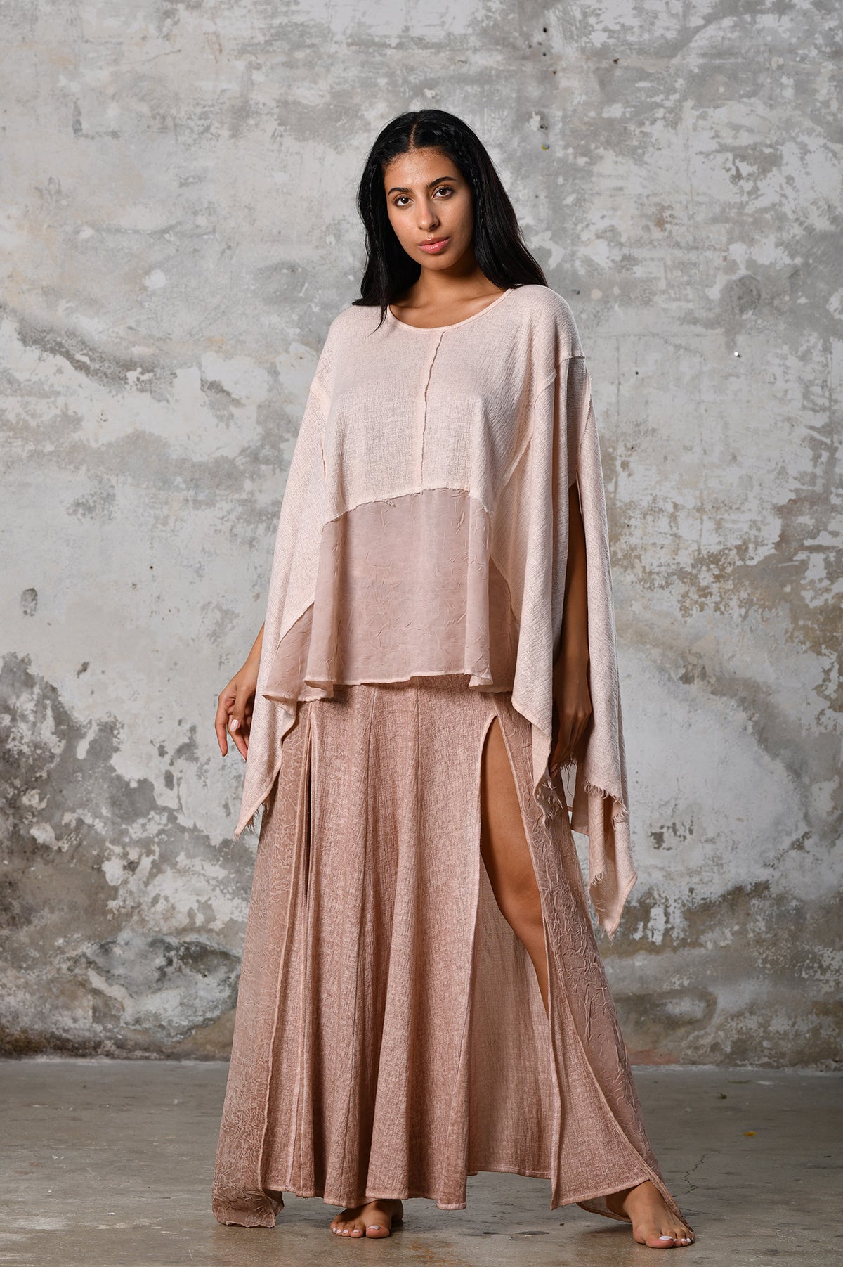 An enchanting Bohemian Leila, perfect for boho and festival-inspired looks, exuding a goddess-like quality. dusty pink bohemian style perfect for Burning Man and other occasions. Menswear Boho Shirt. Boho sleeveless poncho unisex