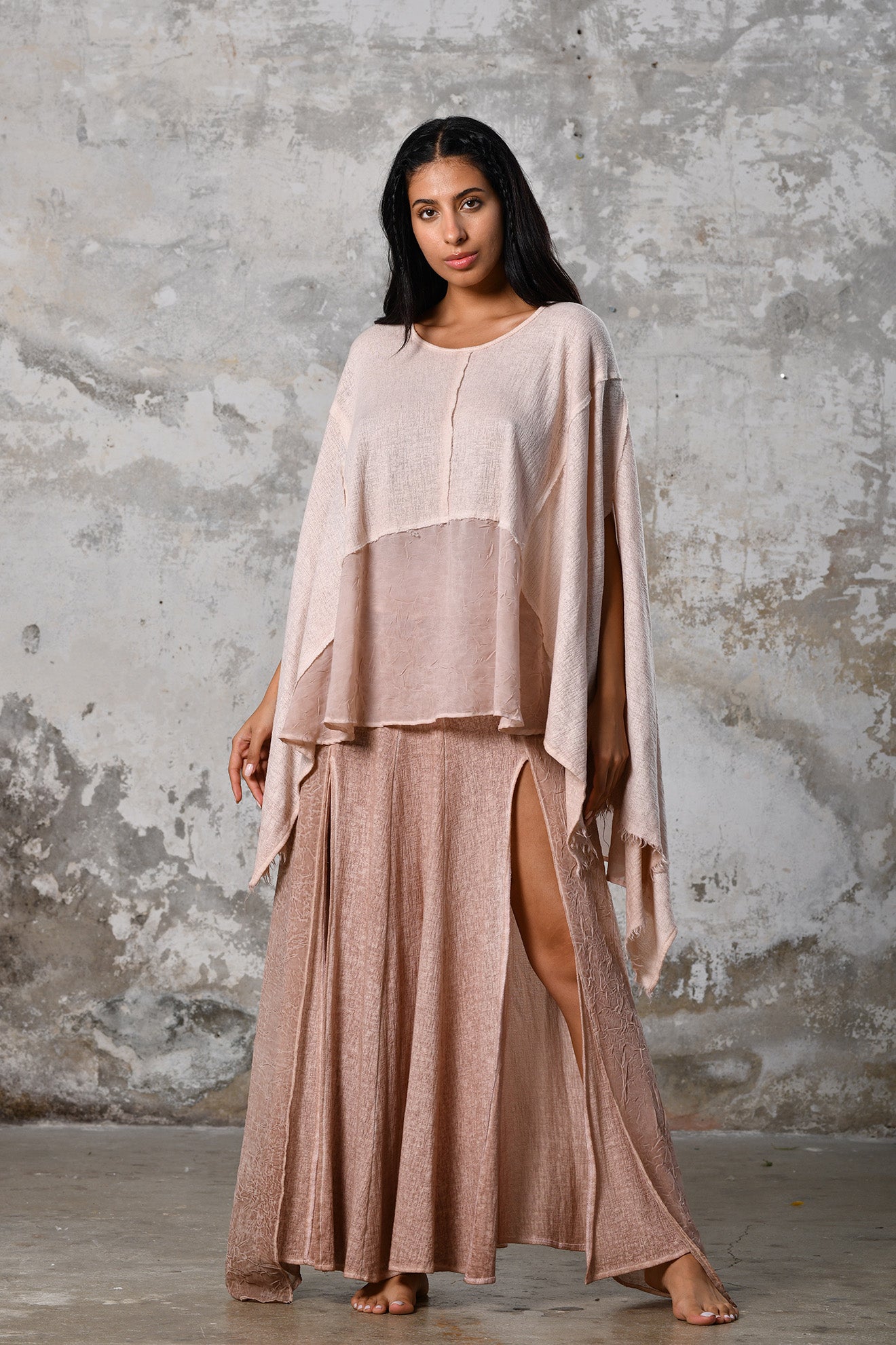 An enchanting Bohemian Leila, perfect for boho and festival-inspired looks, exuding a goddess-like quality. dusty pink bohemian style perfect for Burning Man and other occasions. Menswear Boho Shirt. Boho sleeveless poncho unisex