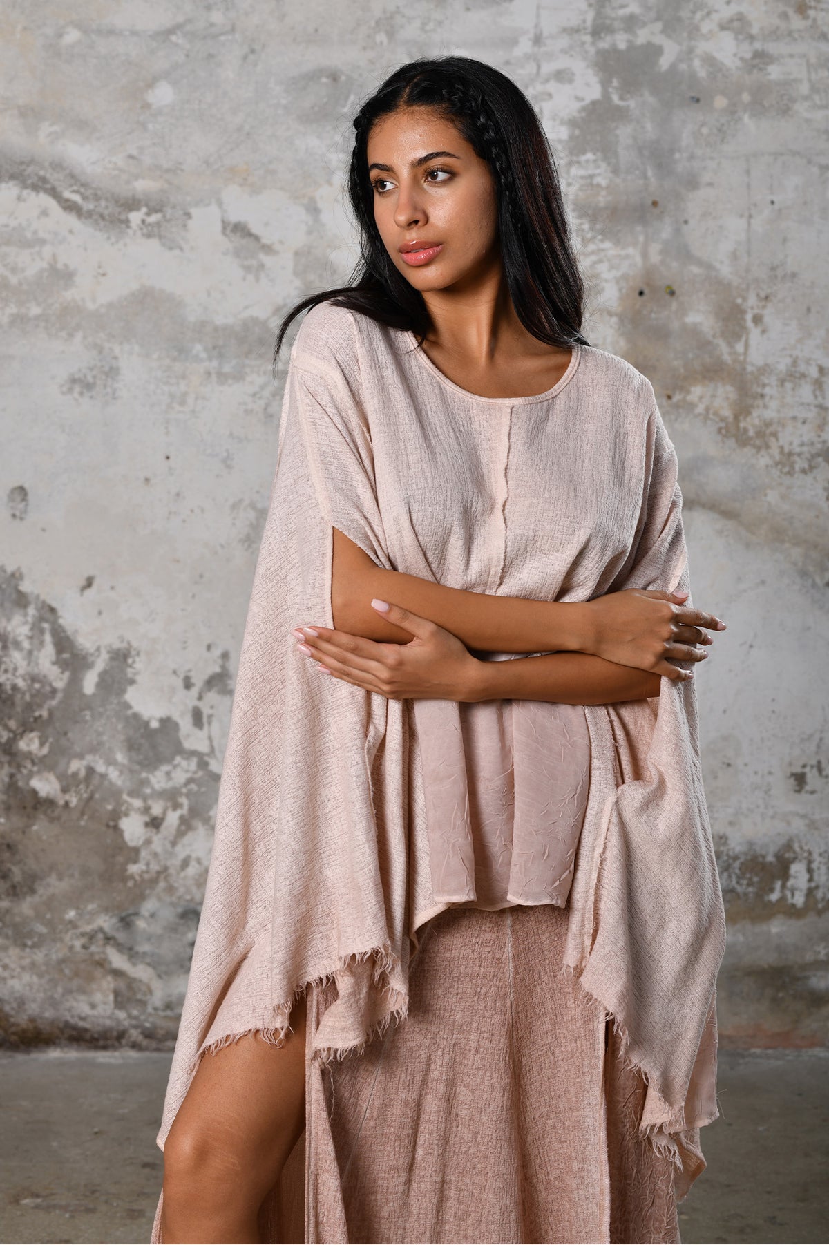 An enchanting Bohemian Leila, perfect for boho and festival-inspired looks, exuding a goddess-like quality. dusty pink bohemian style perfect for Burning Man and other occasions. Menswear Boho Shirt. Boho sleeveless poncho unisex