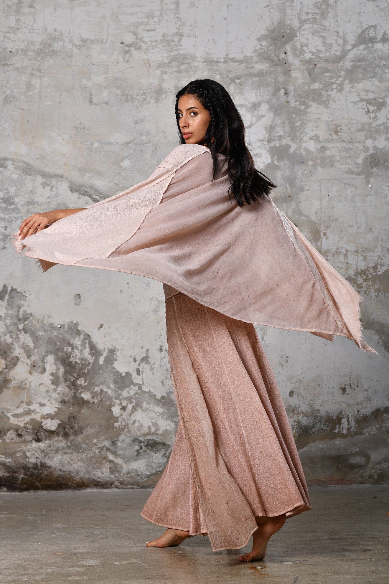 An enchanting Bohemian Leila, perfect for boho and festival-inspired looks, exuding a goddess-like quality. dusty pink bohemian style perfect for Burning Man and other occasions. Menswear Boho Shirt. Boho sleeveless poncho unisex