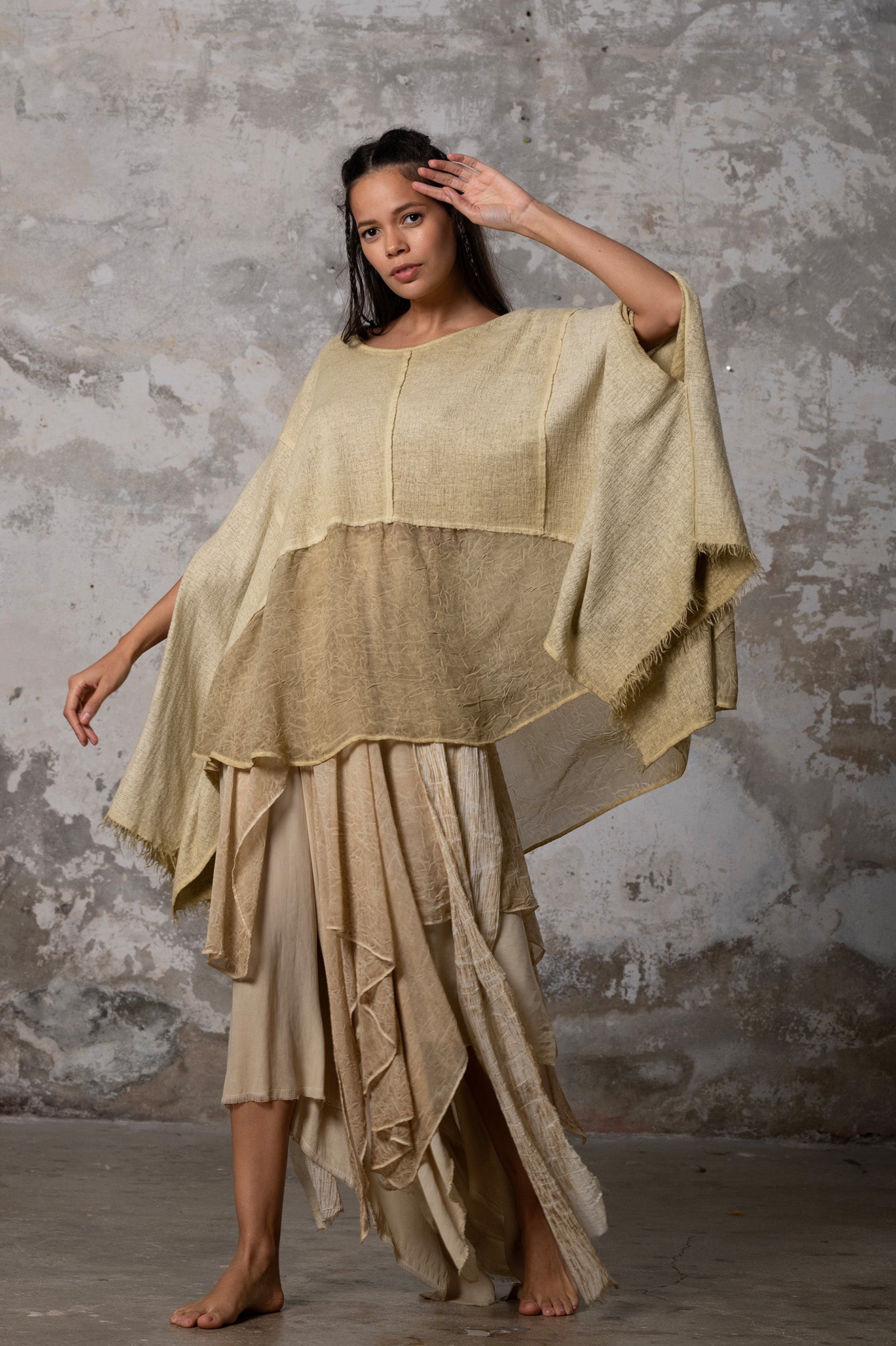 An enchanting Bohemian Leila, perfect for boho and festival-inspired looks, exuding a goddess-like quality. lemon yellow bohemian style perfect for Burning Man and other occasions. Menswear Boho Shirt. Boho sleeveless poncho unisex