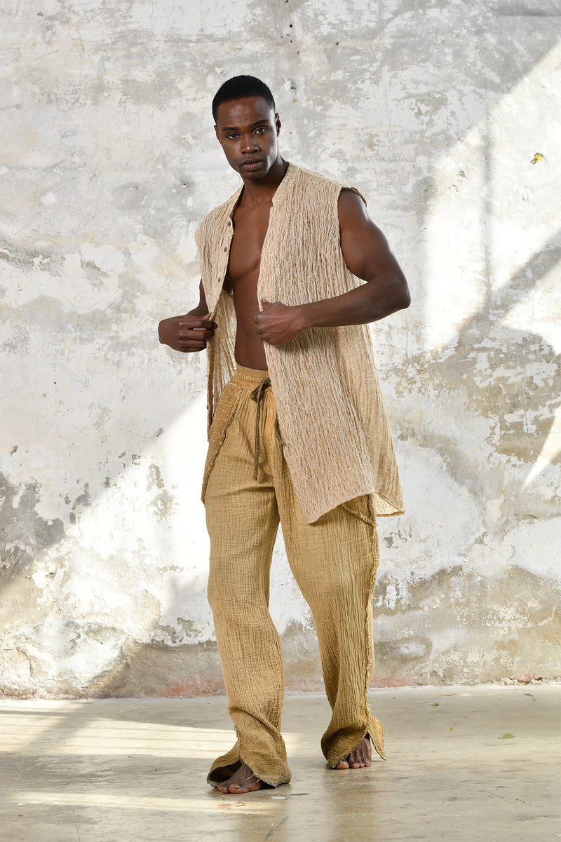 Bohemian Funky Men Sleeveless Shirt: Handwoven cotton luxury, raw texture, versatile bohemian style for all occasions. Burning Man festival Menswear. LONG SLEEVELESS VEST. Aya sacred wear. Gift for him boho