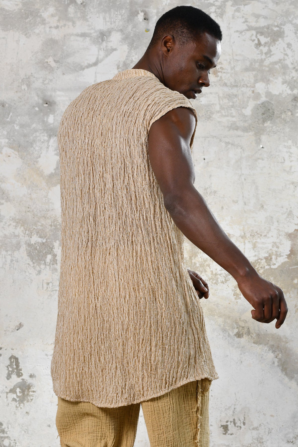 Bohemian Funky Men Sleeveless Shirt: Handwoven cotton luxury, raw texture, versatile bohemian style for all occasions. Burning Man festival Menswear. LONG SLEEVELESS VEST. Caravana men Gift for him boho