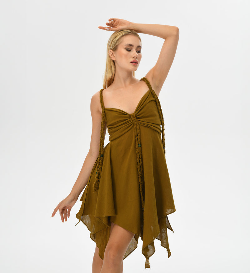 Earthy brown fairy-inspired mini dress with hand-braided threads, crafted from 100% Turkish cotton. The adjustable back ensures a perfect fit, making this dress the perfect choice for boho festivals and magical moments.