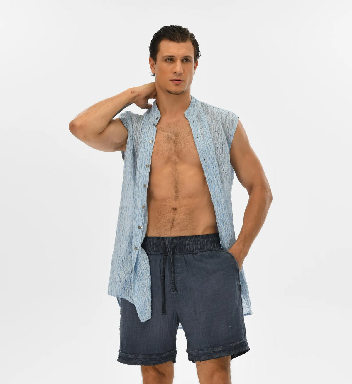 Breathable blue men’s muslin shorts with a foldable hem, perfect for beachwear, festivals, or casual boho looks.