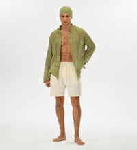 Boho beige men’s shorts, crafted from soft muslin Turkish cotton, perfect for summer festivals and casual outings.