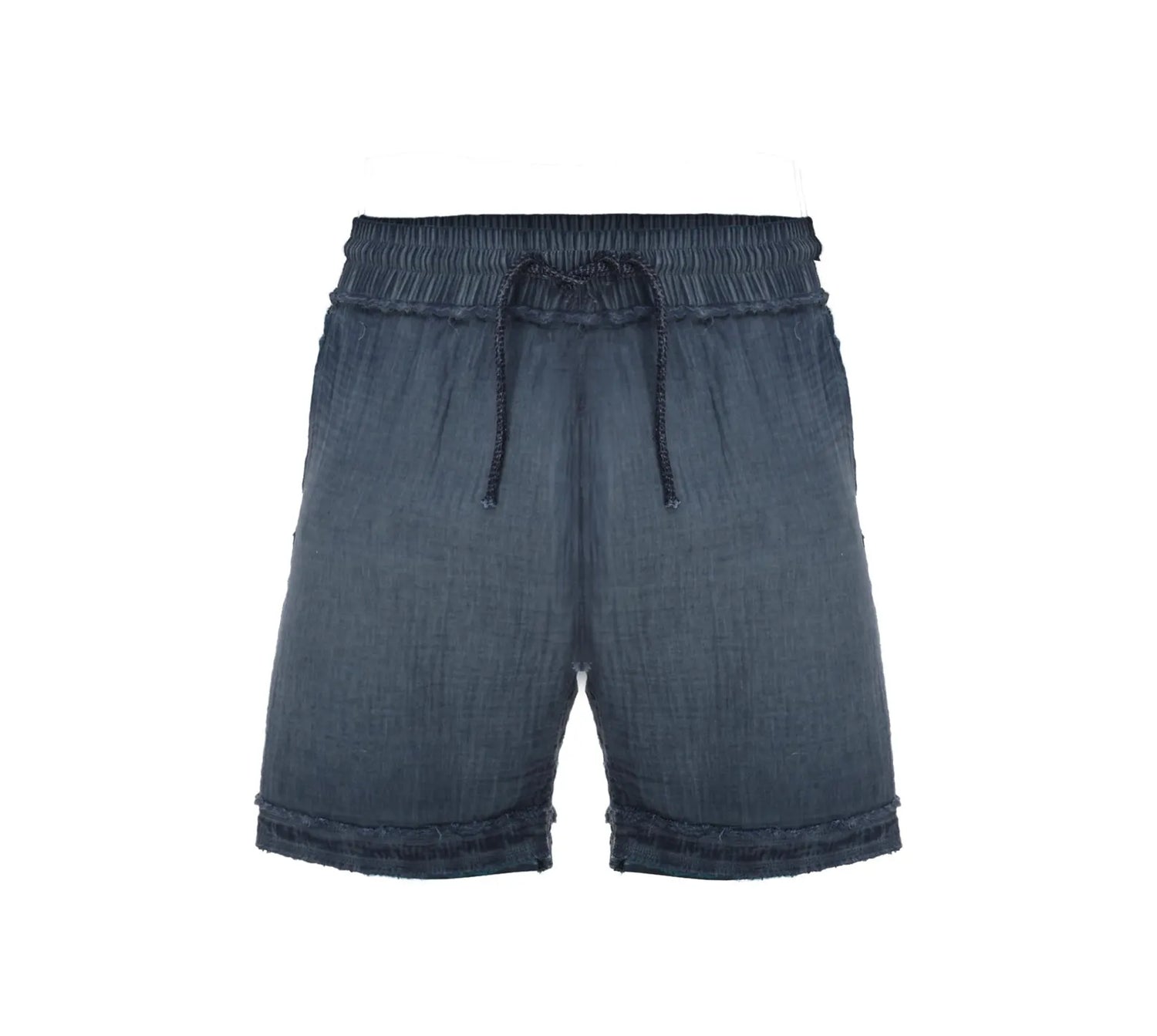 Men’s blue shorts with a flowy, relaxed fit, made from breathable muslin Turkish cotton, perfect for summer.