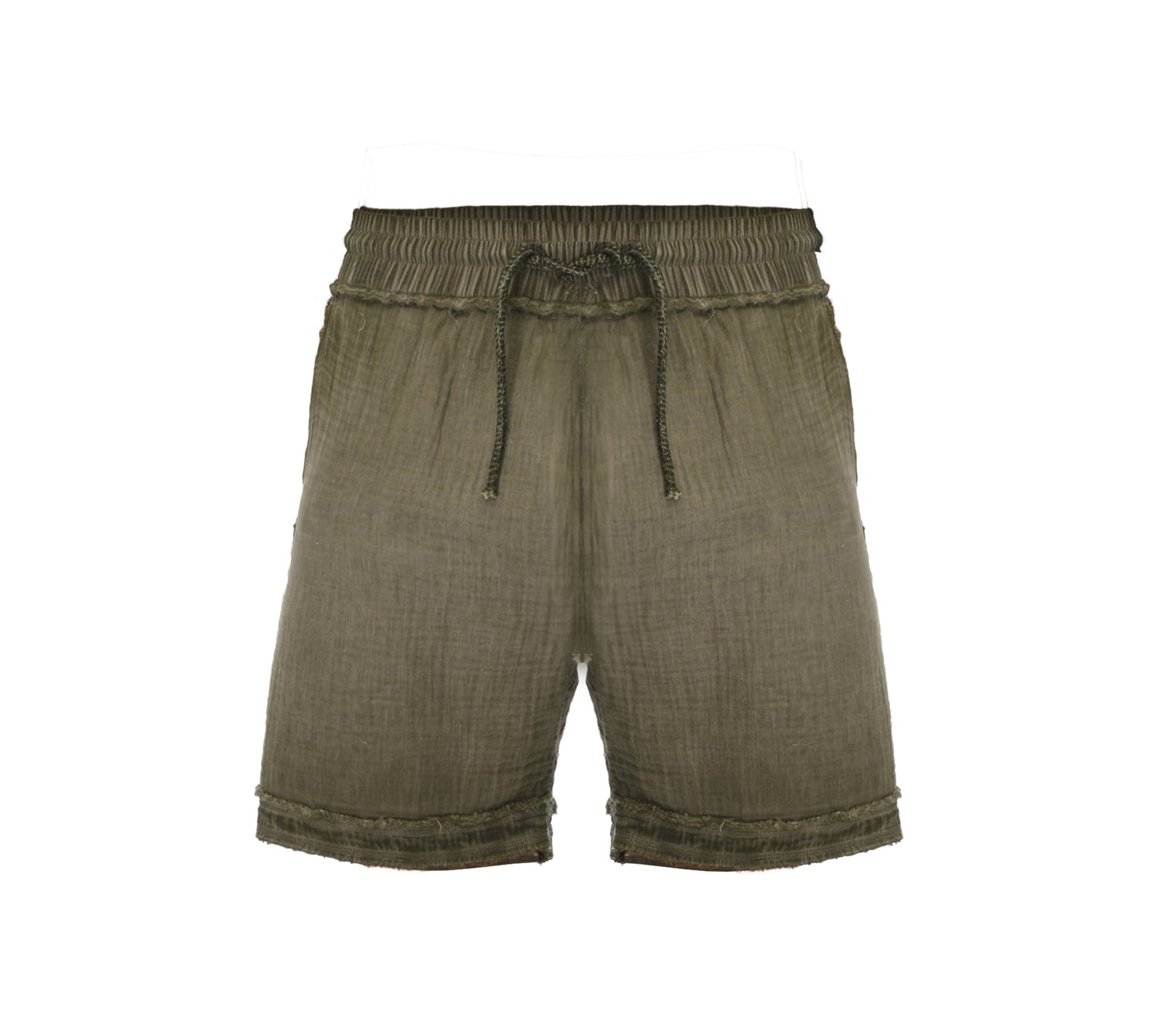 Comfy men’s green boho shorts, crafted from lightweight muslin cotton with a foldable hem for versatile summer looks.