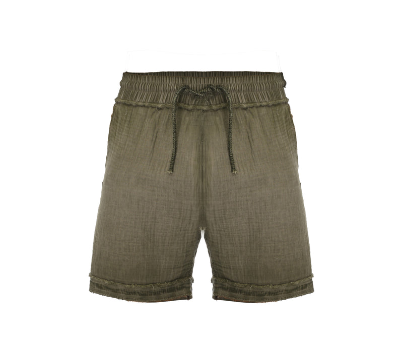 Comfy men’s green boho shorts, crafted from lightweight muslin cotton with a foldable hem for versatile summer looks.