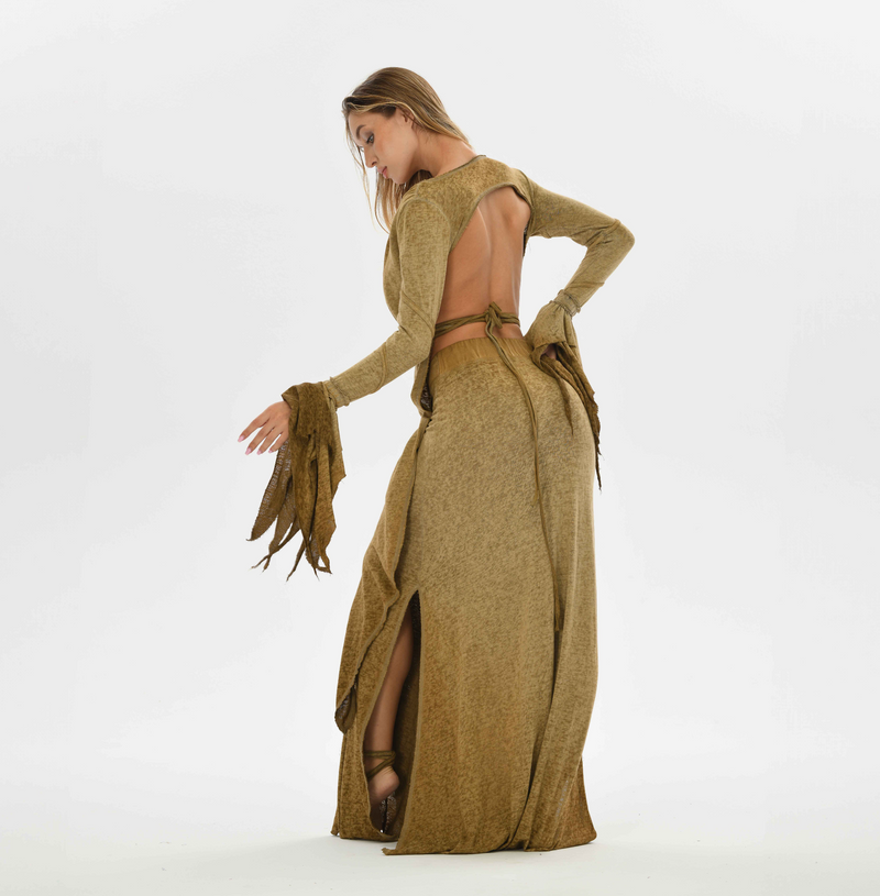 Desert sand boho skirt with a tribal fusion vibe, featuring side splits and a comfortable elastic waistband. Perfect for belly dance, gypsy style, or layering for nature-inspired boho chic looks.