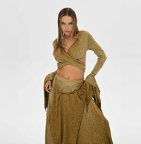 Belly dance-inspired skirt in desert sand with a high or low waist option, crafted from cotton and linen. Features side splits and an elastic waistband, perfect for gypsy and boho fashion.