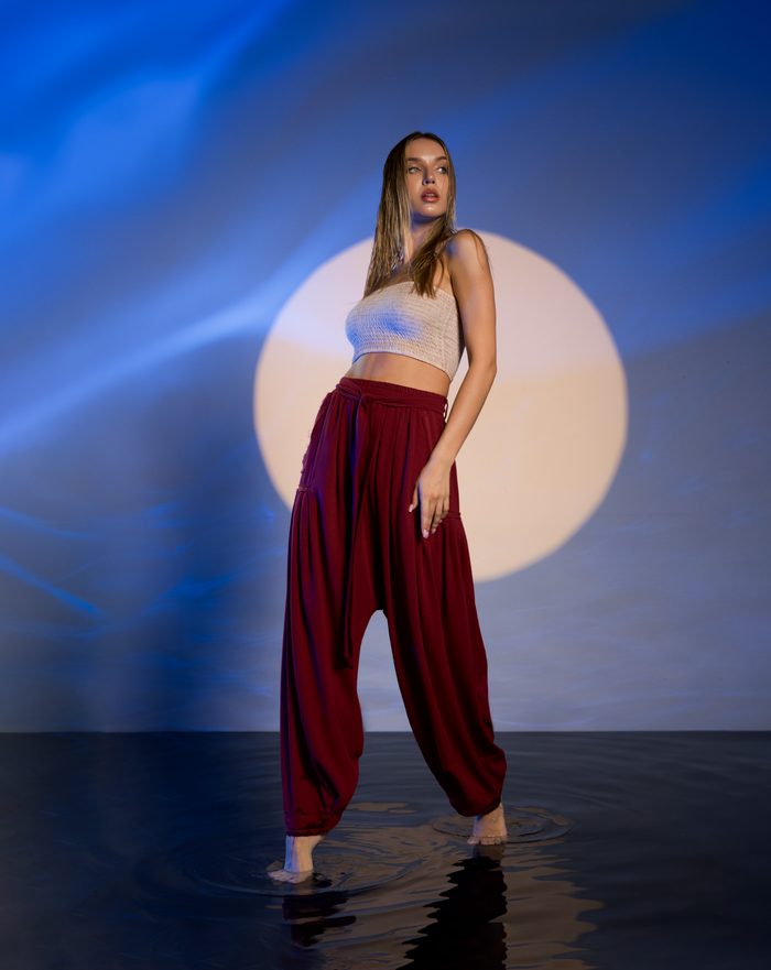 Red boho dancer pants, crafted from soft cotton, with a comfy loose fit, perfect for yoga, daily wear, or casual boho chic outfits.