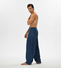 Breathable blue boho pants for men, featuring a loose fit and soft cotton fabric, ideal for casual wear or festivals.