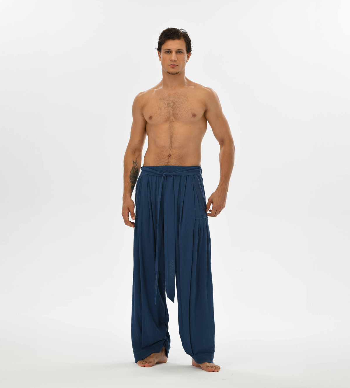 Men’s blue harem pants, designed for comfort with a relaxed fit and soft cotton, perfect for yoga, casual wear, or festivals.